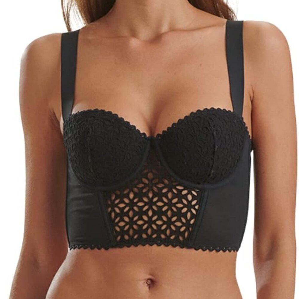 Wolford Etoile Lightly Lined Long Line Bra Cotton Lace Bustier Top Black 38C 85C